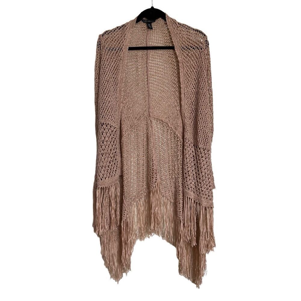 Black Label Chicos Womens SZ 00 XS US 2 Pinkish Brown Open Knit Fringe Cardigan